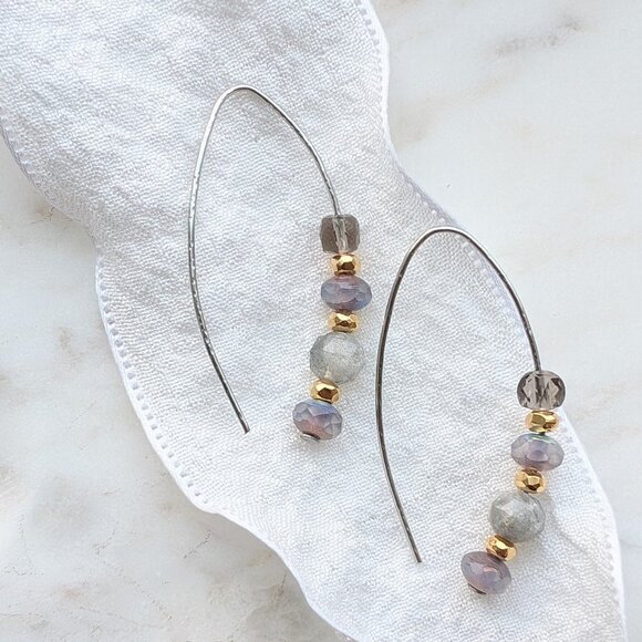 Hammered Steel Labradorite and Smoky Quartz with Gold and Purple Hook Earrings - Picture 1 of 4